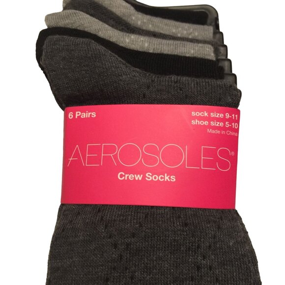 AEROSOLES Ladies Crew Socks 6 Pairs Size 9-11 Black Gray Crisscross Pattern - Picture 3 of 3